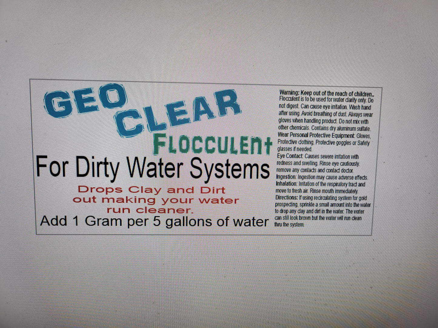 Geo Clear Water Floc for Muddy and Clay filled Water Prospecting Gold